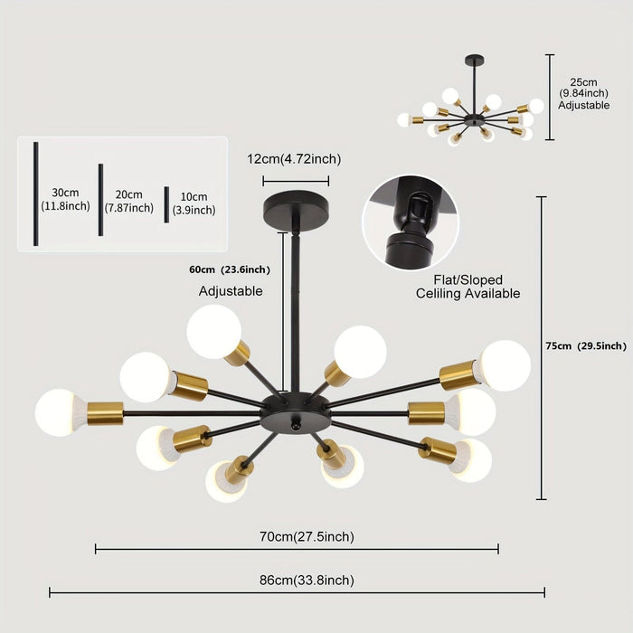 10-Light Dimmable LED Sputnik Pendant Light Flush Mount Ceiling Light, Black Gold Semi Flush Mount Ceiling Lights for Dining Room Living Room Kitchen Office-ErisView