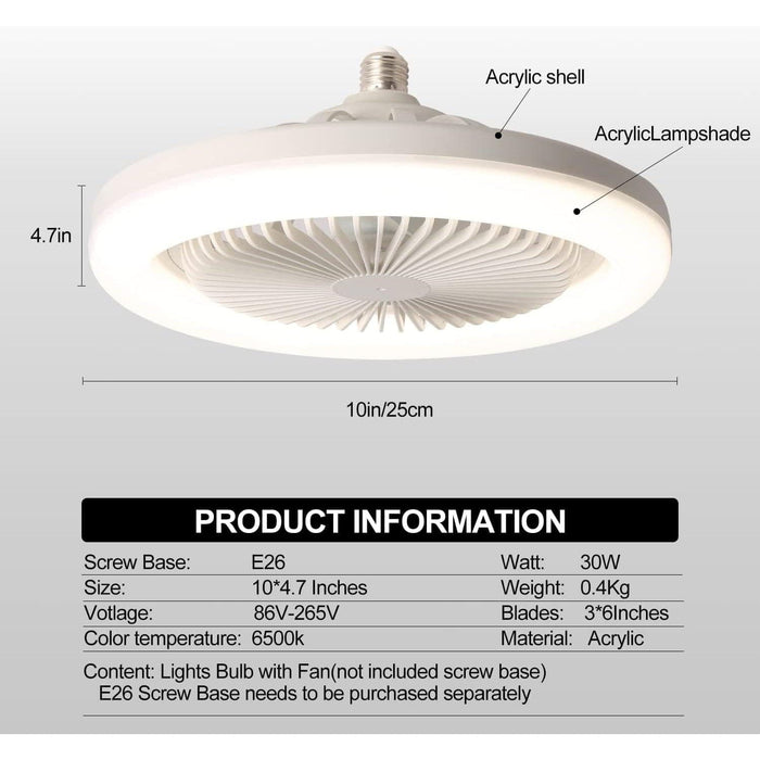 10 in. White Small Bladeless Fan, Socket Enclosed Ceiling Fan with Light Remote, Flush Mount Mini Ceiling Fan Chandelier for Garage Utility Room Tool Room-5-ErisView