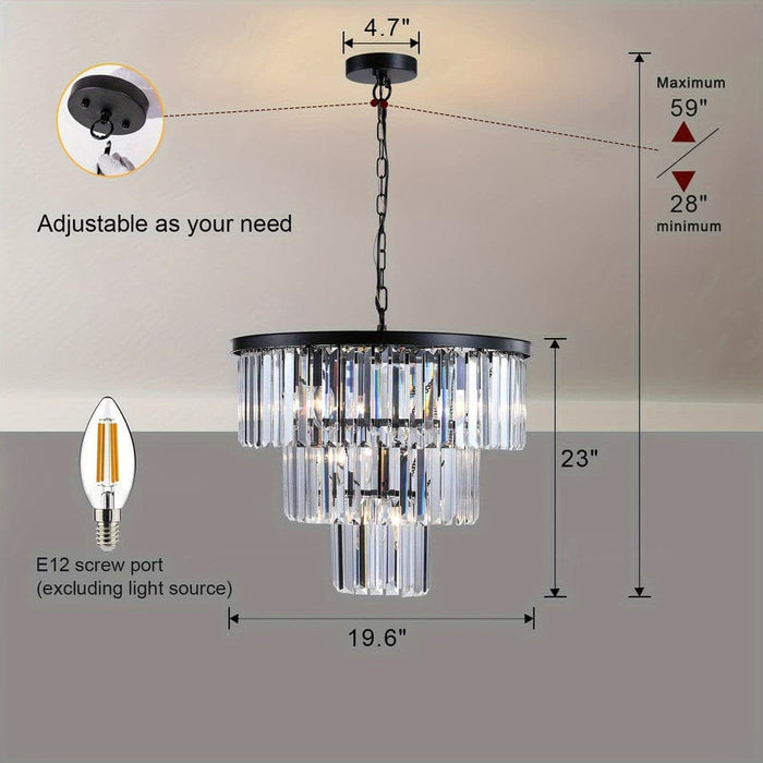 11-Light Black Luxury Crystal Pendant Light, Modern Round 3-layer Crystal Pendant Light Chandelier for Bathroom Dining Room Kitchen Island Living Room-ErisView