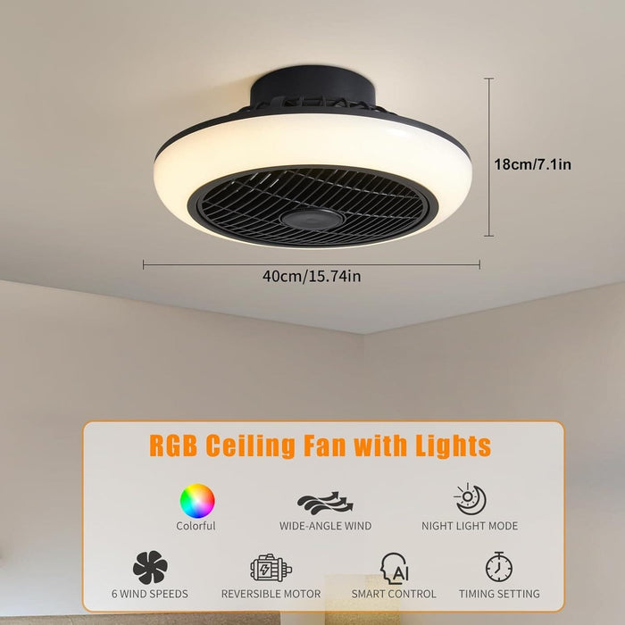 16 in. Black Small Low Profile Ceiling Fan and Light Remote, Dimmable RGB Fan Light, Flush Mount Bladeless Enclosed Ceiling Fan for Bedroom Kids Room Party-2-ErisView