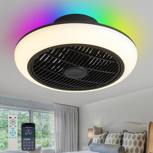 16 in. Black Small Low Profile Ceiling Fan and Light Remote, Dimmable RGB Fan Light, Flush Mount Bladeless Enclosed Ceiling Fan for Bedroom Kids Room Party-1-ErisView