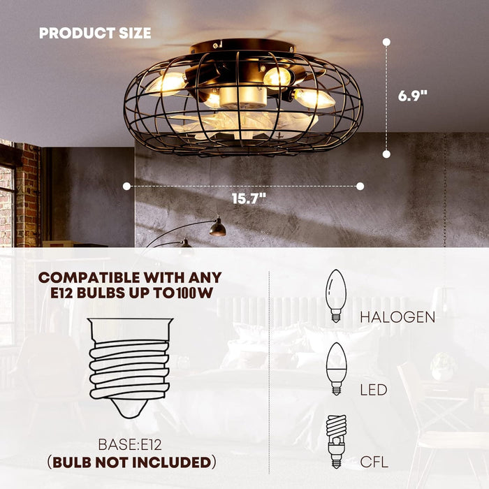 16 in. Bladeless Caged Ceiling Fan Lights with Remote, Small Industrial Farmhouse Flush Mount Ceiling Fan Light Fixture for Bedroom Kitchen-3-ErisView