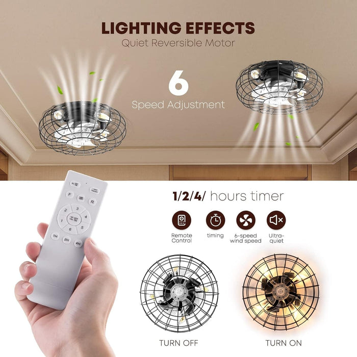 16 in. Bladeless Caged Ceiling Fan Lights with Remote, Small Industrial Farmhouse Flush Mount Ceiling Fan Light Fixture for Bedroom Kitchen-4-ErisView