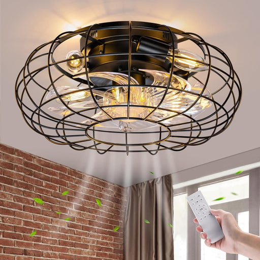 16 in. Bladeless Caged Ceiling Fan Lights with Remote, Small Industrial Farmhouse Flush Mount Ceiling Fan Light Fixture for Bedroom Kitchen-1-ErisView