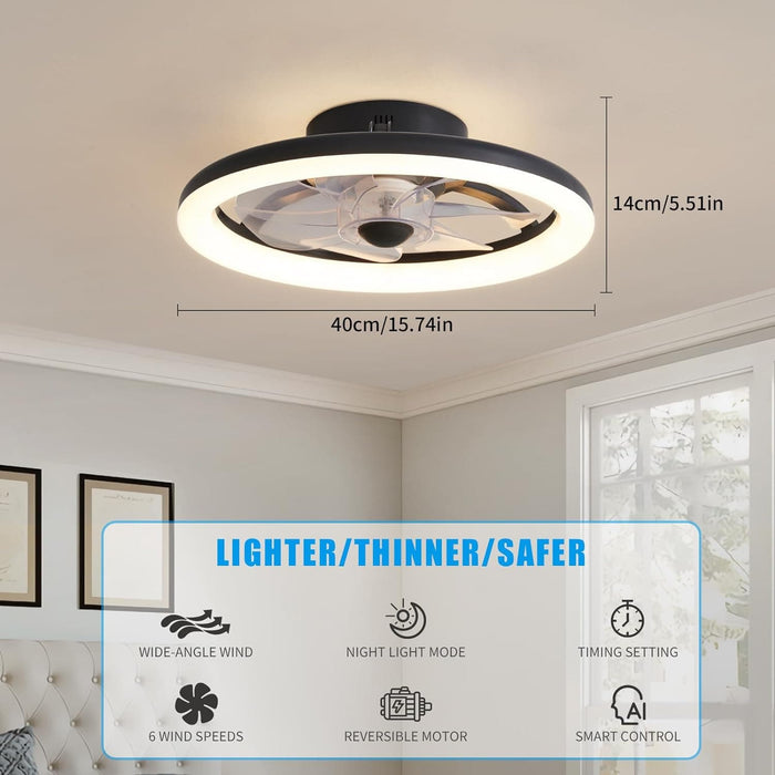 16 in. Flush Mount Remote Control Ceiling Fan and Light, Black Bladeless Ceiling Fan, Dimmable Small Low Profile Fan Light Fixtures for Bedroom Living Room-2-ErisView