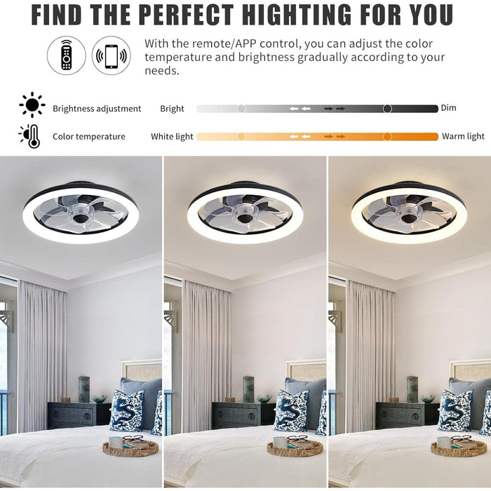 16 in. Flush Mount Remote Control Ceiling Fan and Light, Black Bladeless Ceiling Fan, Dimmable Small Low Profile Fan Light Fixtures for Bedroom Living Room-3-ErisView