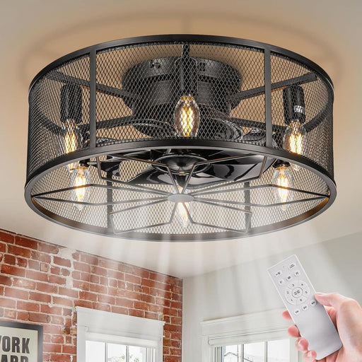 18 in. Black Flush Mount Farmhouse Rustic Industrial Ceiling Fan with Light Remote, Low Profile Bladeless Caged Enclosed Ceiling Fan Lights Fixture -1-ErisView