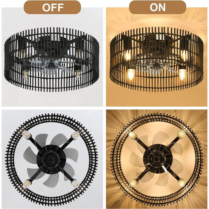 18 in. Boho Caged Ceiling Fan with Light and Remote, Flush Mount Low Profile Enclosed Rattan Ceiling Fan, Farmhouse Ceiling Fan for Bedroom Kitchen-4-ErisView