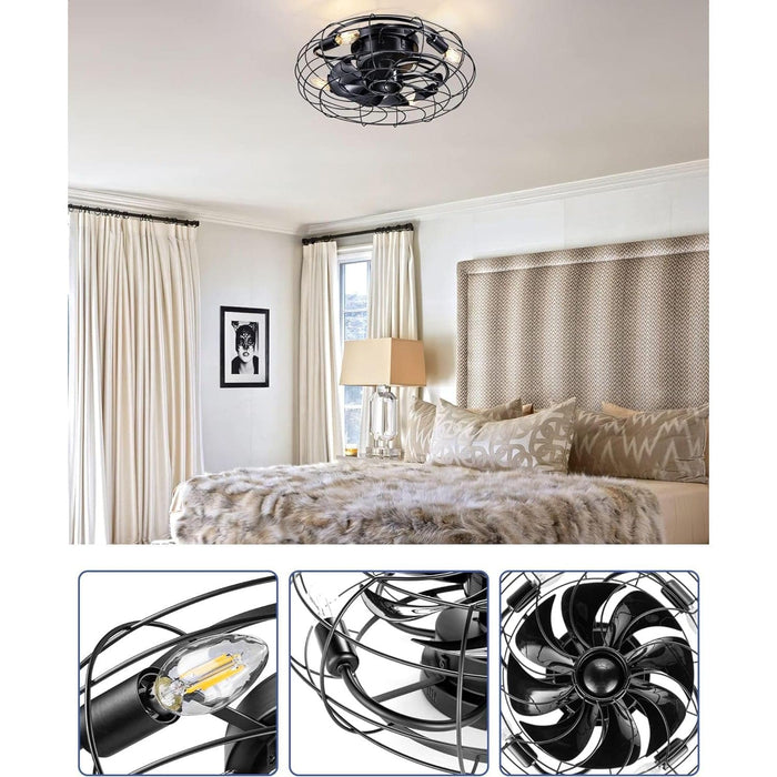 18 in. Small Caged Flush Mount Remote Control Ceiling Fan and Light, Black Low Profile Bladeless Rustic Fan for Bedroom Kitchen Dining Room-7-ErisView