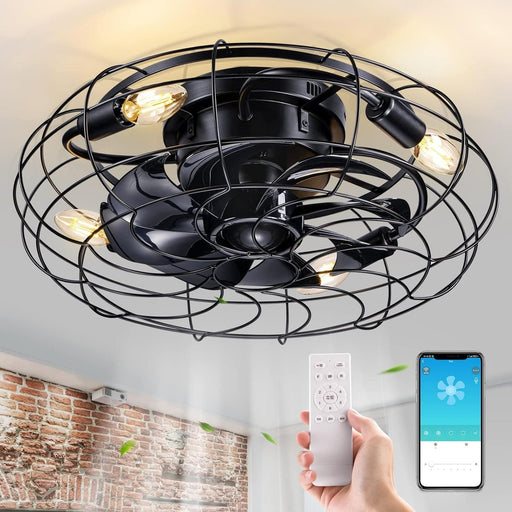 18 in. Small Caged Flush Mount Remote Control Ceiling Fan and Light, Black Low Profile Bladeless Rustic Fan for Bedroom Kitchen Dining Room-1-ErisView