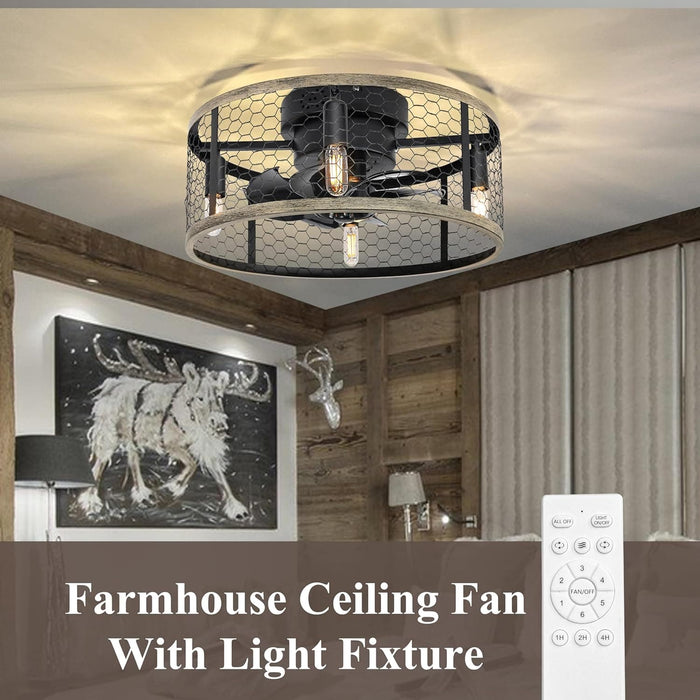 18 in. Small Farmhouse Caged Ceiling Fan with Light Remote, Flush Mount Rustic Ceiling Fans for Kitchen Living Room Bedroom-2-ErisView