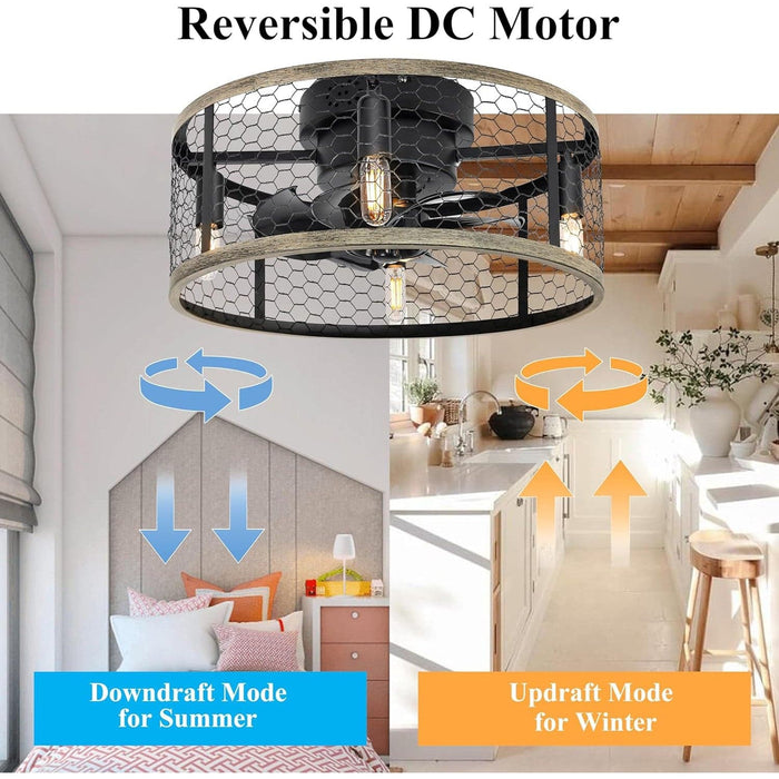 18 in. Small Farmhouse Caged Ceiling Fan with Light Remote, Flush Mount Rustic Ceiling Fans for Kitchen Living Room Bedroom-5-ErisView