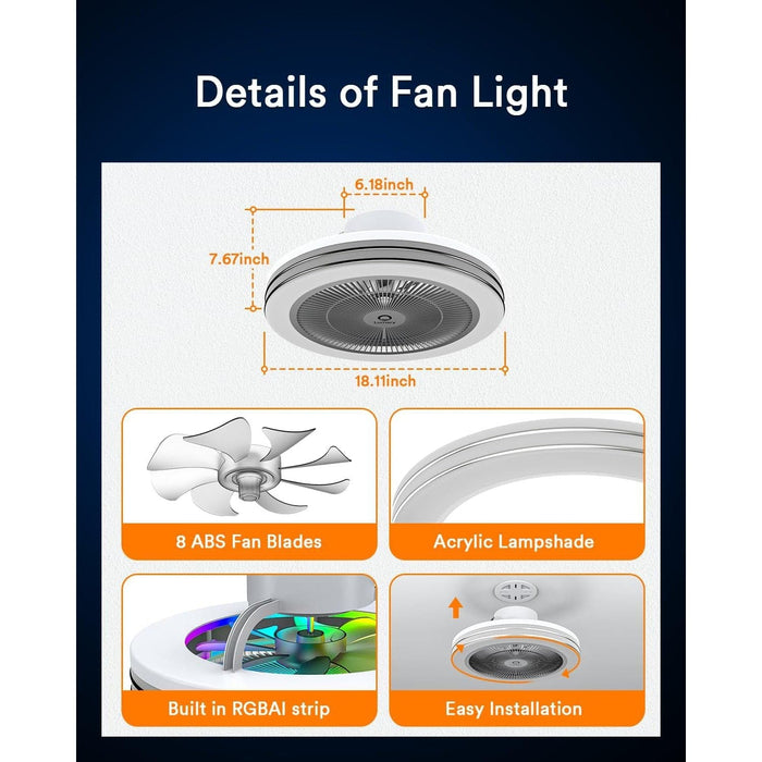 18 in. Smart Wi-Fi Bluetooth Ceiling Fan with RGB Light, Reversible Ceiling Fan with Alexa, Google Assistant, Remote Control-6-ErisView