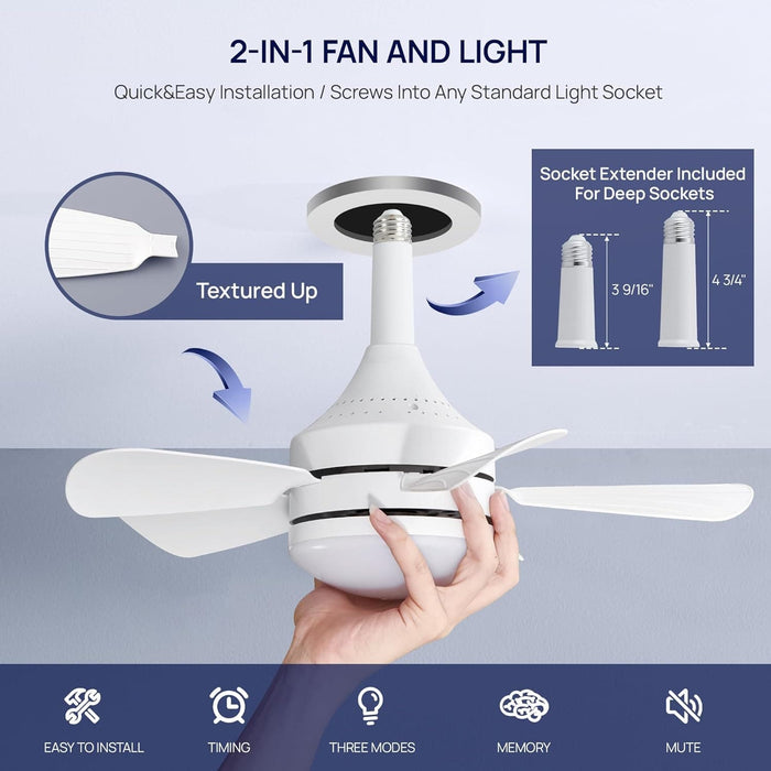 18 in. Socket Fan Light, Dimmable LED Small Ceiling Fan with Light, White Ceiling Fan for Kitchen Bedroom Basement, Garage Ceiling Fan -2-ErisView