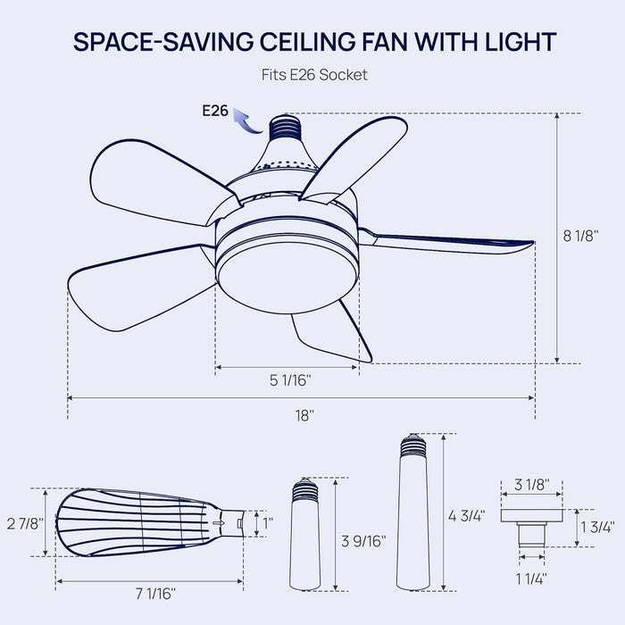 18 in. Socket Fan Light, Dimmable LED Small Ceiling Fan with Light, White Ceiling Fan for Kitchen Bedroom Basement, Garage Ceiling Fan -5-ErisView