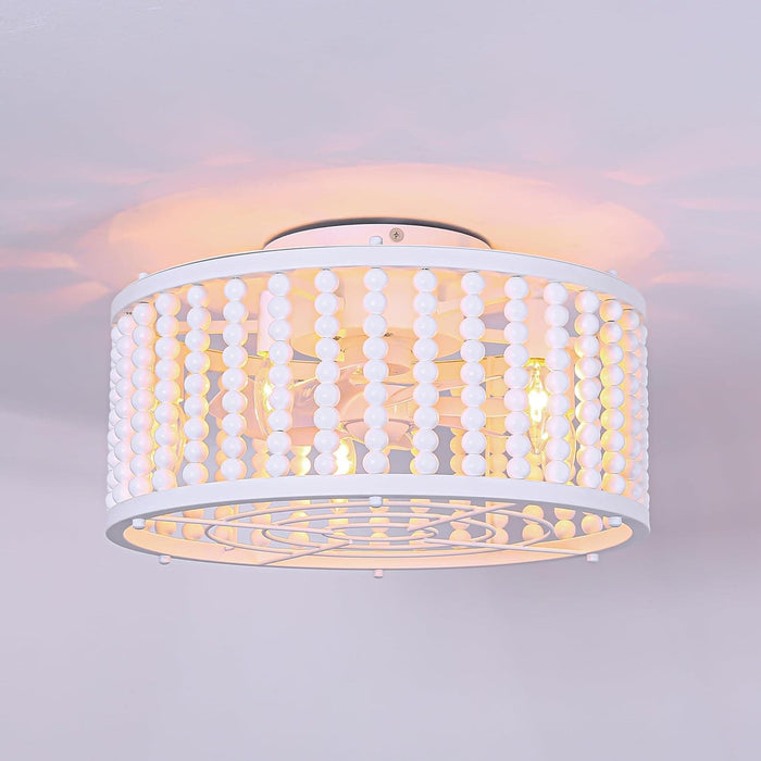 18 in. Wood Beads Flush Mount Fandelier, White Boho Ceiling Fan with Light and Remote, Reversible Low Profile Caged Ceiling Fan Chandelier for Kids Room-7-ErisView