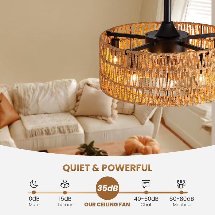 18 in. Woven Rattan Ceiling Fan with Lights, Boho Caged Ceiling Fan, Farmhouse Low Profile Fandelier for Bedroom Kitchen Living Room-5-ErisView