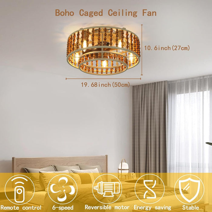 19 in. Boho Caged Low Profile Ceiling Fan, Beaded Flush Mount Remote Control Ceiling Fan and Light, Reversible Ceiling Fan Summer Winter-4-ErisView