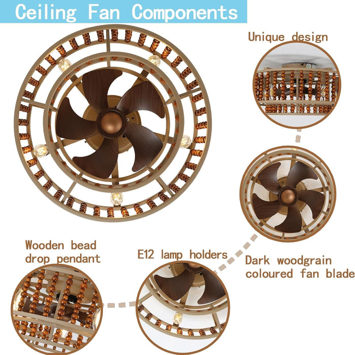 19 in. Boho Caged Low Profile Ceiling Fan, Beaded Flush Mount Remote Control Ceiling Fan and Light, Reversible Ceiling Fan Summer Winter-6-ErisView