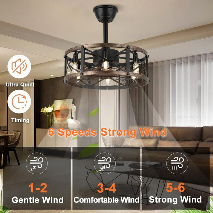 19 in. Farmhouse Ceiling Fan with Light, Small Caged Ceiling Fandelier for Bedroom, Black Bladeless Low Profile Enclosed Ceiling Fan-2-ErisView