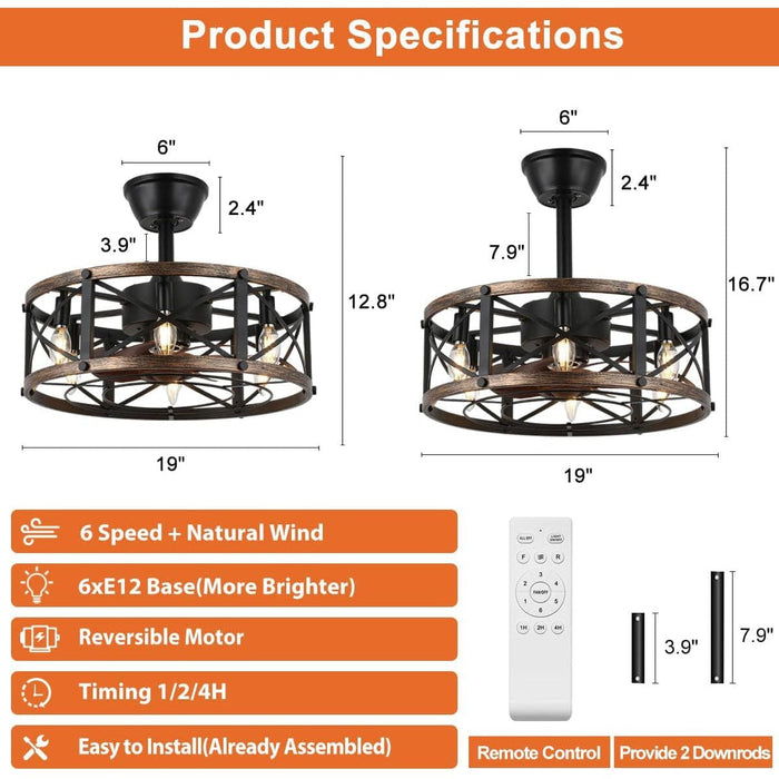 19 in. Farmhouse Ceiling Fan with Light, Small Caged Ceiling Fandelier for Bedroom, Black Bladeless Low Profile Enclosed Ceiling Fan-4-ErisView