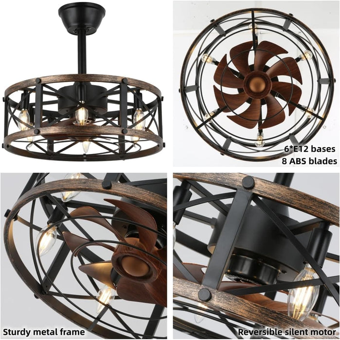 19 in. Farmhouse Ceiling Fan with Light, Small Caged Ceiling Fandelier for Bedroom, Black Bladeless Low Profile Enclosed Ceiling Fan-6-ErisView