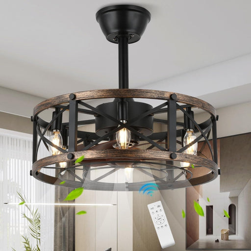 19 in. Farmhouse Ceiling Fan with Light, Small Caged Ceiling Fandelier for Bedroom, Black Bladeless Low Profile Enclosed Ceiling Fan-1-ErisView