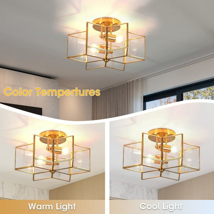 2-Light Hexagon Star Semi Flush Mount Light, Gold Embedded Ceiling Light-ErisView