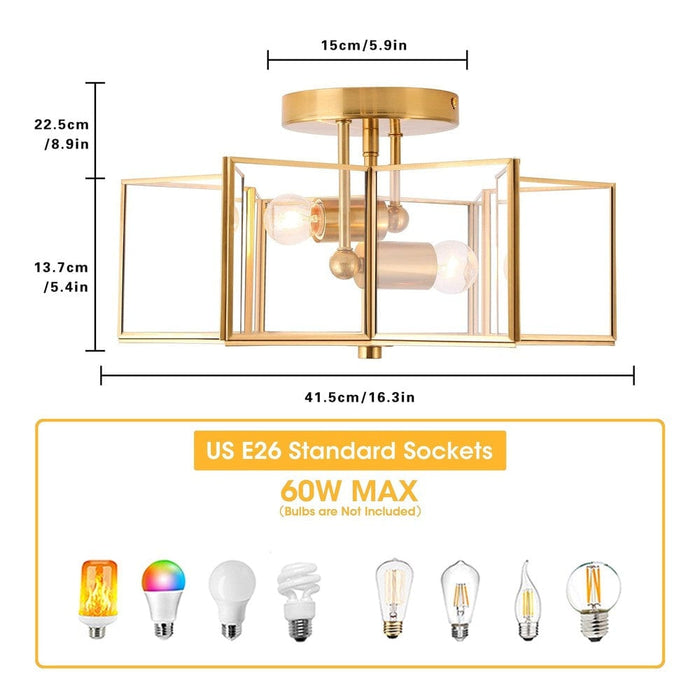 2-Light Hexagon Star Semi Flush Mount Light, Gold Embedded Ceiling Light-ErisView