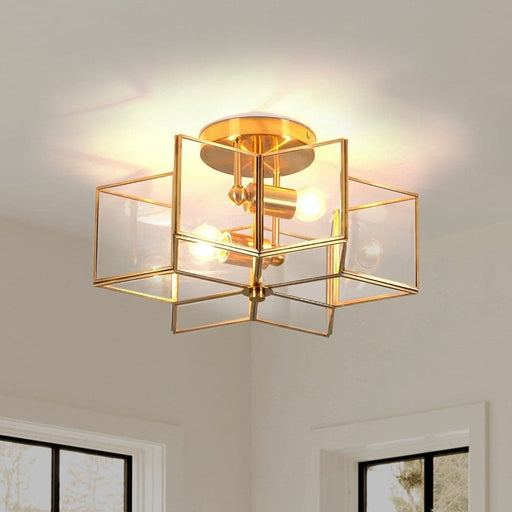 2-Light Hexagon Star Semi Flush Mount Light, Gold Embedded Ceiling Light-ErisView