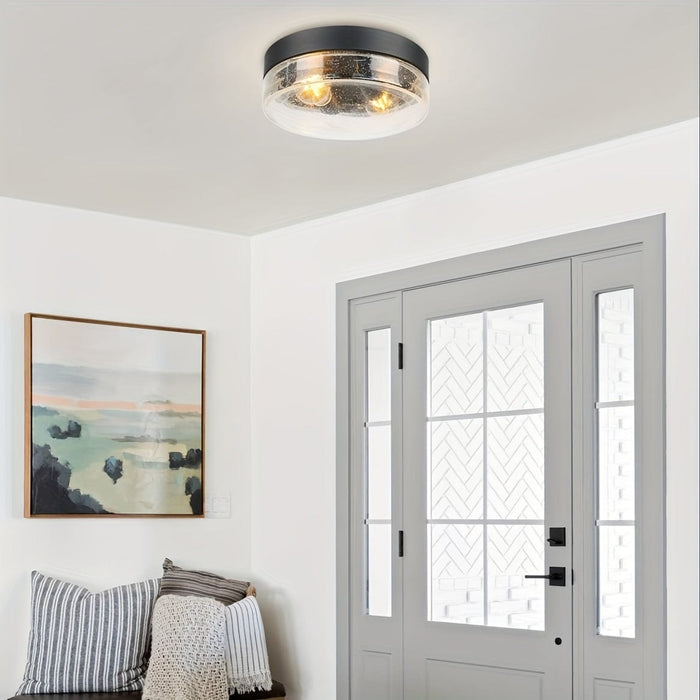 2-Light Modern Round Flush Mount Ceiling Light with Seeded Glass, Indoor Outdoor Ceiling Light for Kitchen Living Room Entryway Bedroom Hallway-Black-ErisView