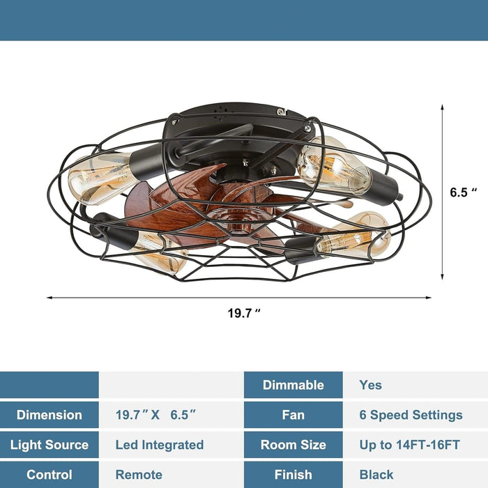 20 in. Black Caged Bladeless Ceiling Fan with Light and Remote, Small Reversible Flush Mount Low Profile Industrial Ceiling Fan Light Fixture-7-ErisView