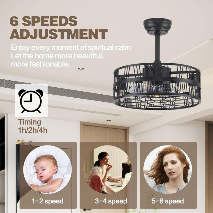 20 in. Black Caged Ceiling Fan with Light Remote Control, Bladeless Industrial Ceiling, Farmhouse Fan Light Fixtures for Kitchen Living Room Bedroom -6-ErisView