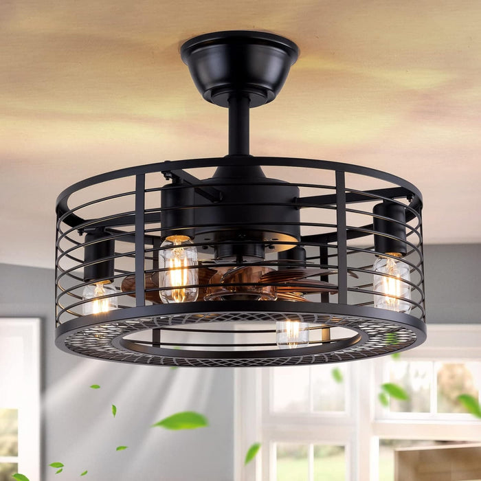 20 in. Black Caged Ceiling Fan with Light Remote, Lightweight Ceiling Fan, Bladeless Industrial Farmhouse Ceiling Fan with Light for Bedroom Porch Patio-2-ErisView