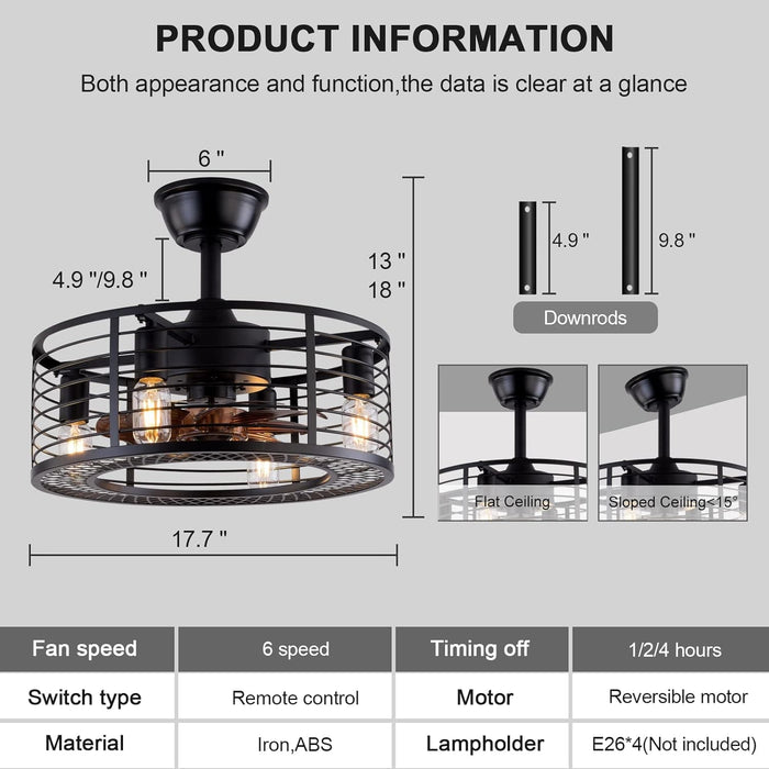 20 in. Black Caged Ceiling Fan with Light Remote, Lightweight Ceiling Fan, Bladeless Industrial Farmhouse Ceiling Fan with Light for Bedroom Porch Patio-5-ErisView