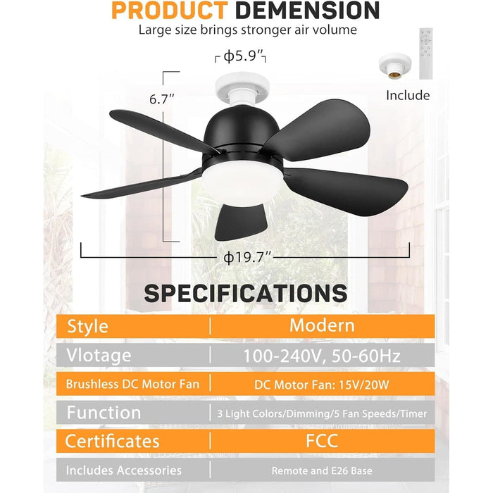 20 in. Black Ceiling Fan with Lights and Remote, Dimmable Light Socket Fan, Small Ceiling Fan for Bedroom Kitchen, Garage Ceiling Fan -6-ErisView