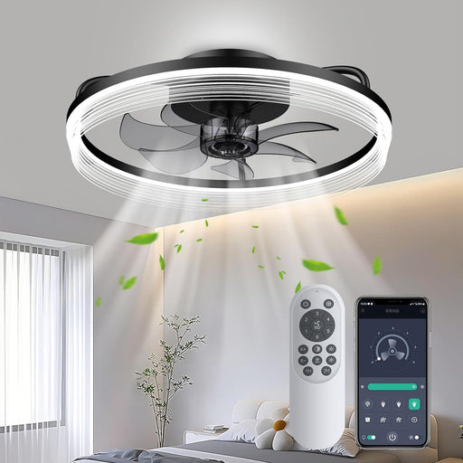 20 in. Bladeless Fandelier Flush Mount and Light for Bedroom Living Room, Black Ceiling Fan with Light, Low Ceiling Fan with Remote APP Control-1-ErisView