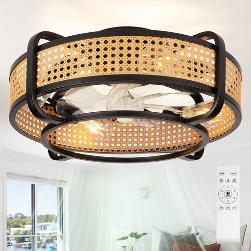 20 in. Boho Flush Mount Caged Ceiling Fandelier with Light and Remote, Bladeless Low Profile Reversible Ceiling Fans for Bedroom Living Room Kitchen -1-ErisView