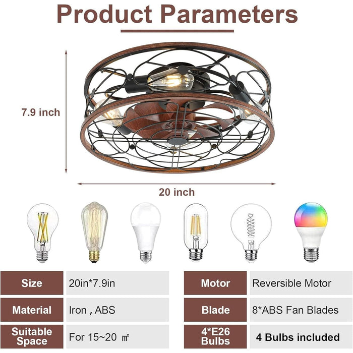 20 in. Caged Ceiling Fan with Light, Low Profile Enclosed Ceiling Fan with Remote, Flush Mount Ceiling Fan without Blades for Bedroom Living Room-4-ErisView