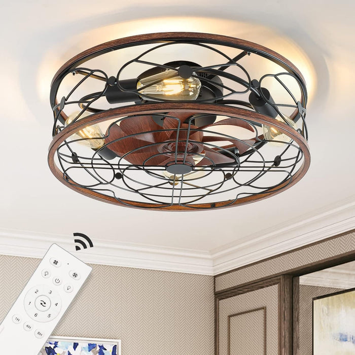 20 in. Caged Ceiling Fan with Light, Low Profile Enclosed Ceiling Fan with Remote, Flush Mount Ceiling Fan without Blades for Bedroom Living Room-1-ErisView