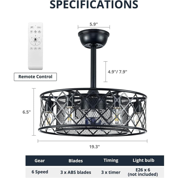 20 in. Caged Ceiling Fan with Light Remote, Flush Mount Rustic Farmhouse Vintage Ceiling Fans with Lights, Black Low Profile Enclosed Ceiling Fan-3-ErisView