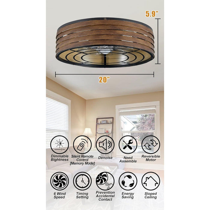 20 in. Caged Flush Mount Ceiling Fan with Remote, Reversible Walnut Wood Low Profile Ceiling Fan for Bedroom Kitchen, Outdoor Ceiling Fan for Gazebo Patio-5-ErisView