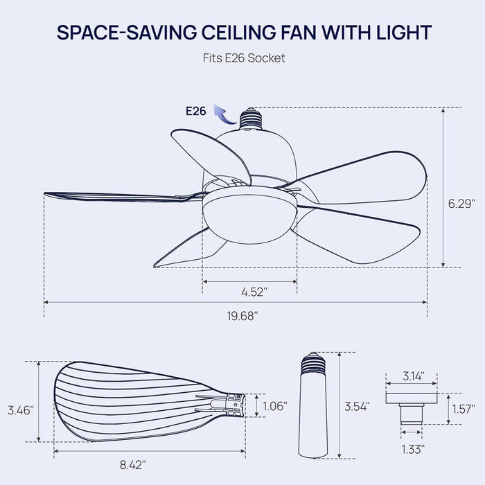 20 in. Ceiling Fans with Lights and Remote, White Socket Fan Light, Quiet Light Socket Fan for Kitchen Bedroom, Garage Ceiling Fan -5-ErisView