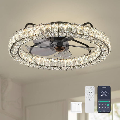 20 in. Crystal Ceiling Fan with Light and Remote, Flush Mount Chandelier Fan, Reversible Low Profile Fandelier Ceiling Fan-1-ErisView