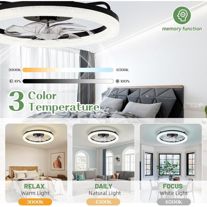 20 in. Dimmable Modern Flush Mount Ceiling Fan without Blades for Bedroom Living Room, Ceiling Fan on Low Ceiling with Lights and Remote-2-ErisView