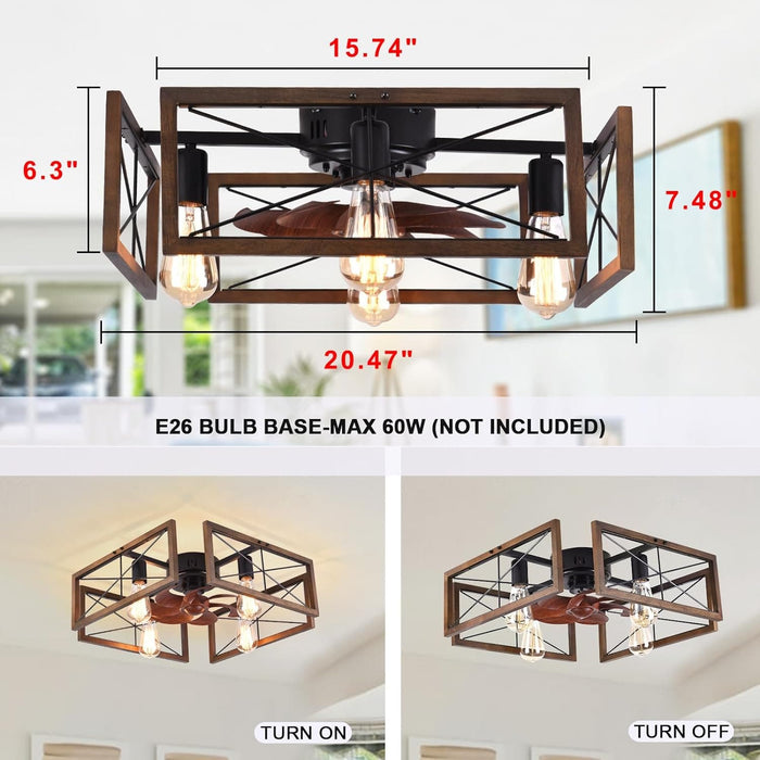 20 in. Farmhouse Caged Flush Mount Ceiling Fan with Light and Remote Control, Rustic Industrial Low Profile Ceiling Fans for Bedroom Living Room Kitchen-2-ErisView