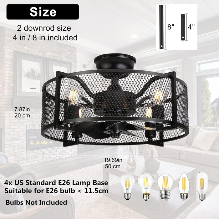 20 in. Farmhouse Flush Mount Ceiling Fan with Light Fixture, Caged Ceiling Fan with Lights and Remote, Enclosed Ceiling Fandelier for Bedroom Kitchen-2-ErisView