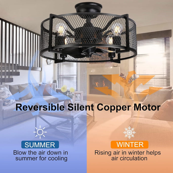 20 in. Farmhouse Flush Mount Ceiling Fan with Light Fixture, Caged Ceiling Fan with Lights and Remote, Enclosed Ceiling Fandelier for Bedroom Kitchen-4-ErisView