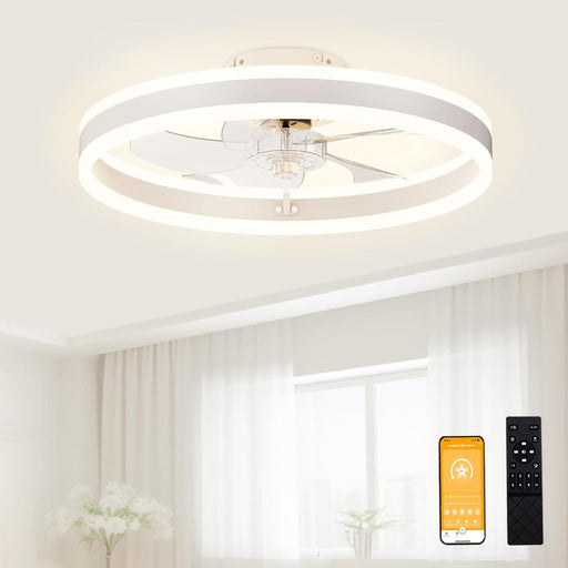 20 in. Flush Mount Ceiling Fandelier for Bedroom, White Low Profile Bladeless Ceiling Fan with Light and Remote-1-ErisView