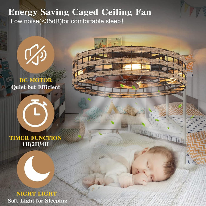 20 in. Flush Mount Enclosed Caged Rattan Ceiling Fan with Light, Farmhouse Rustic Vintage Low Profile Ceiling Fan Light Fixture with Remote Control-5-ErisView